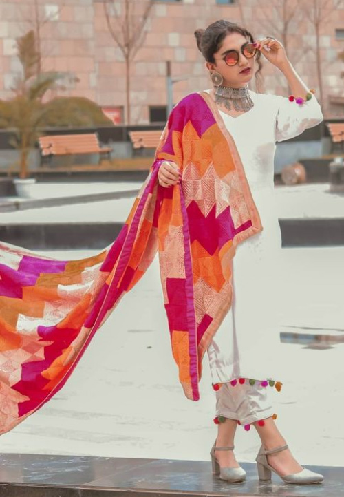 White Kurti And Phulkari Dupatta