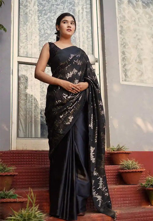 Black Sequin Work Satin Saree