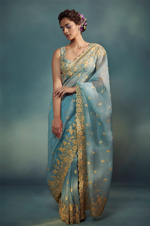 Blue Organza Designer Saree