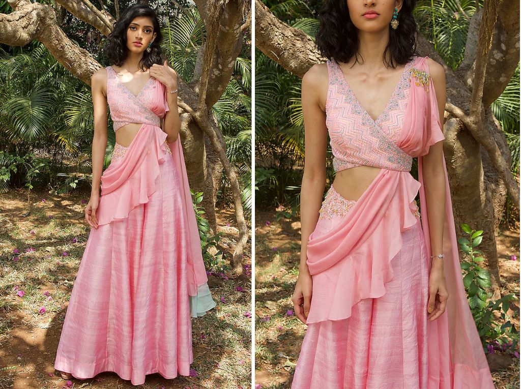Blush Pink Pant Style Saree Design And Blouse