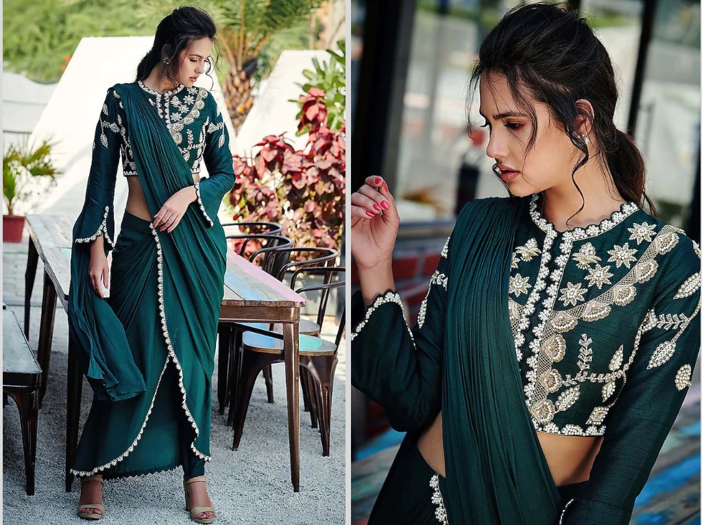 Bottle Green Pant Style Saree Design And Blouse