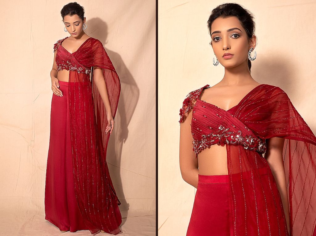 Cadmium Red Pant Style Saree Design And Blouse