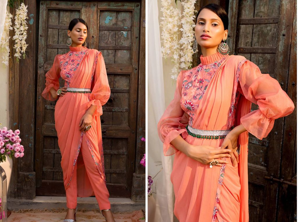 Coral Pant Style Saree Design And Blouse