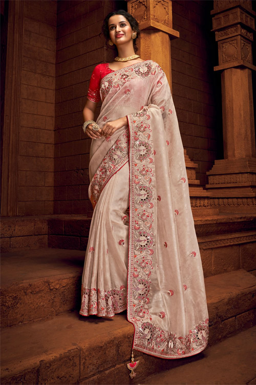 Cream Designer Organza Saree
