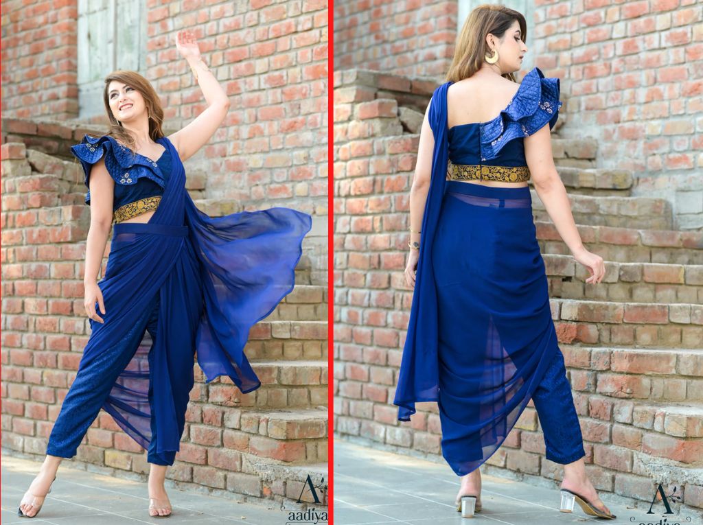 Dark Blue Pant Style Saree Design And Blouse