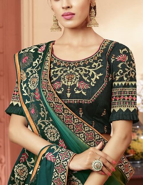 Dark Green Embroidered Blouse Design 