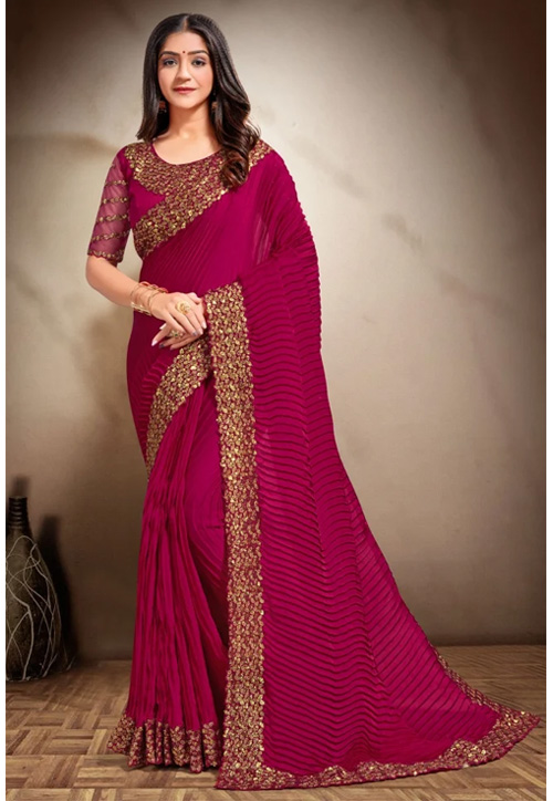 Dark Pink Satin Saree