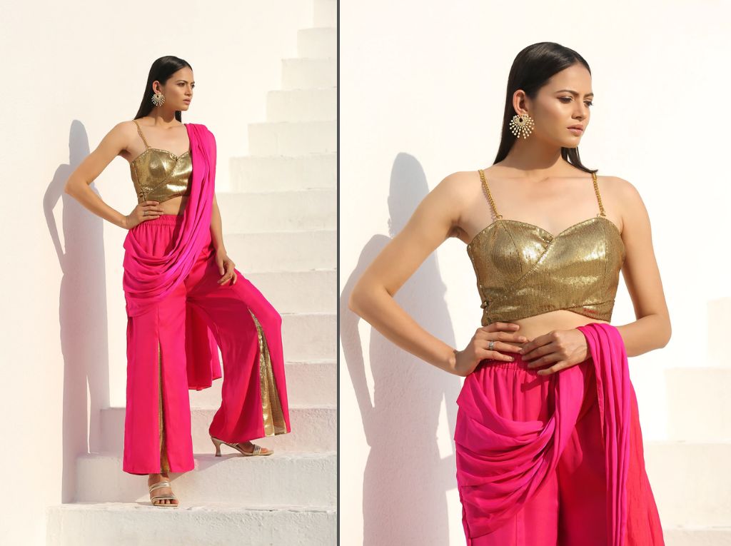 Dark Pink Straight Pant Style Saree Design And Blouse