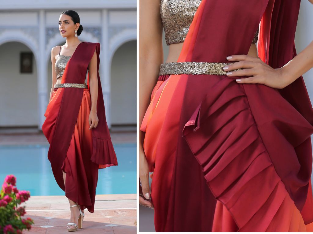 Dual Shade Pant Style Saree Design And Silver Blouse
