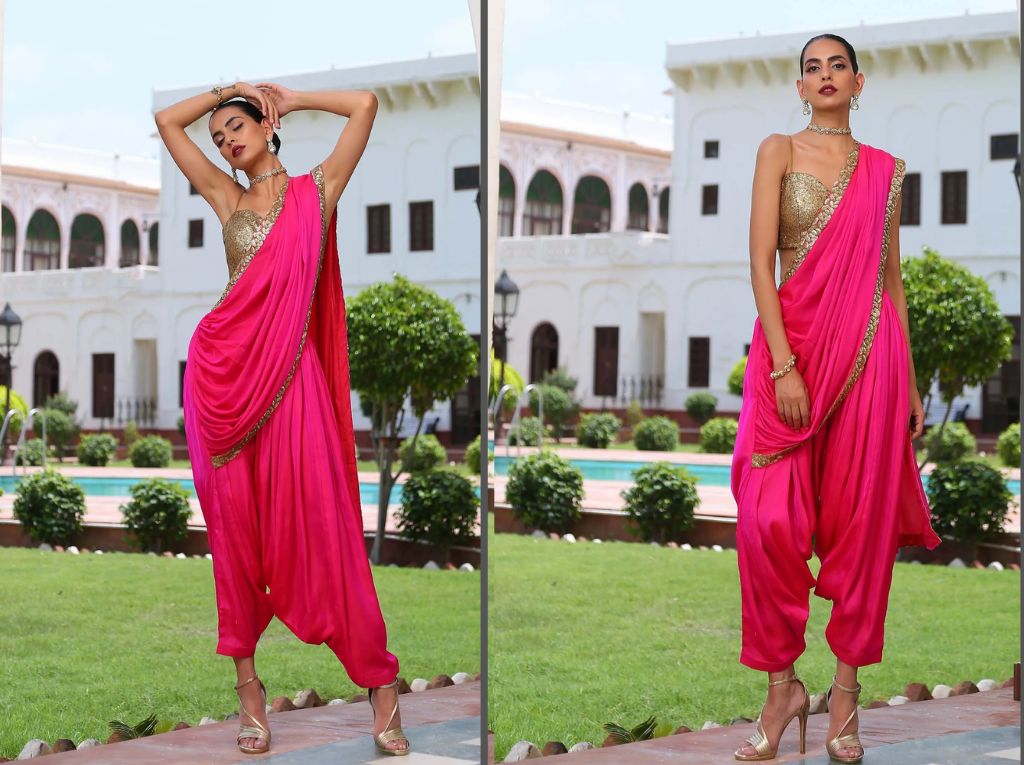 Fuchsia Pant Style Saree Design And Blouse