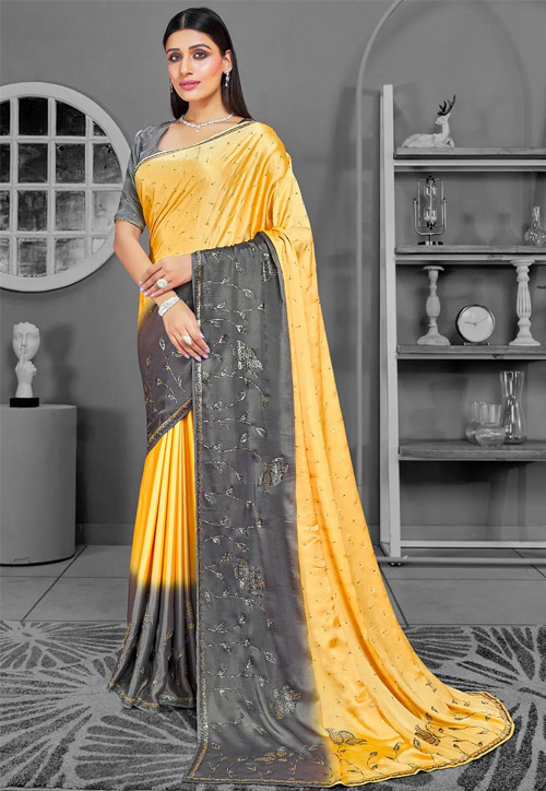 Grey And Yellow Satin Saree