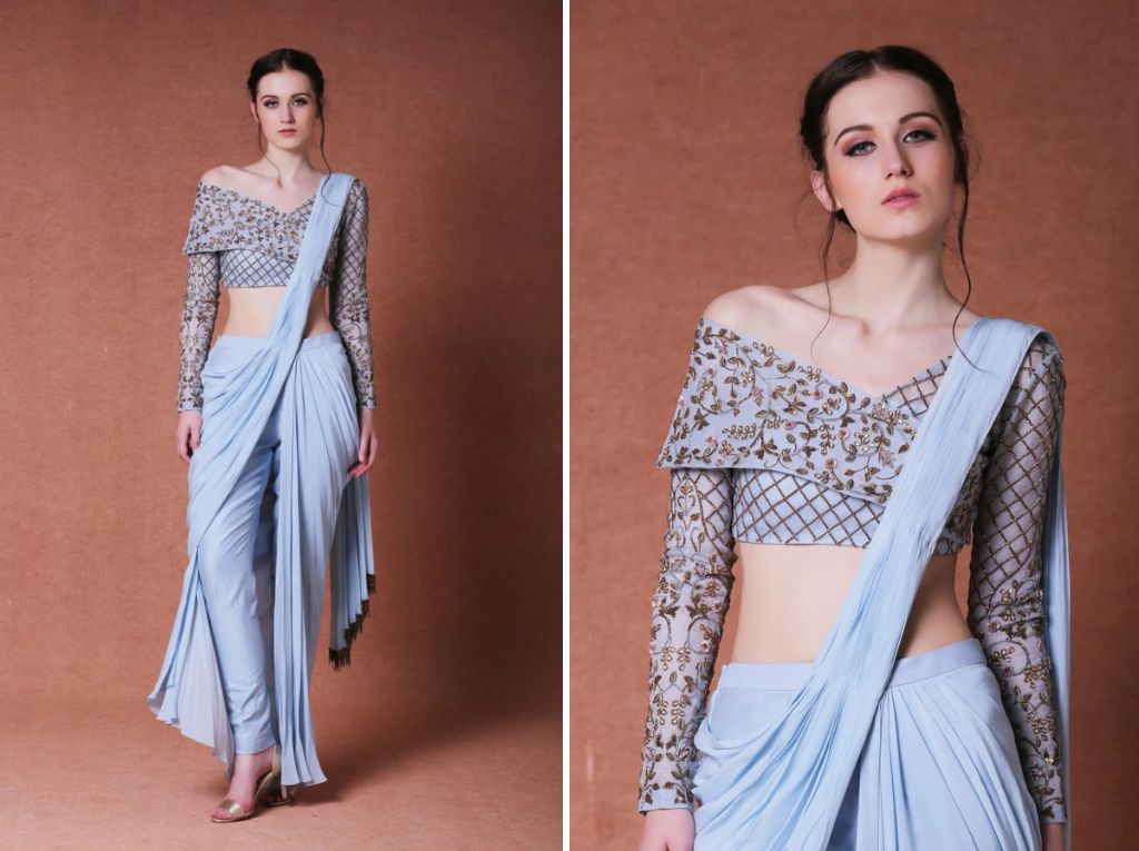 Light Blue Pant Style Saree Design And Blouse