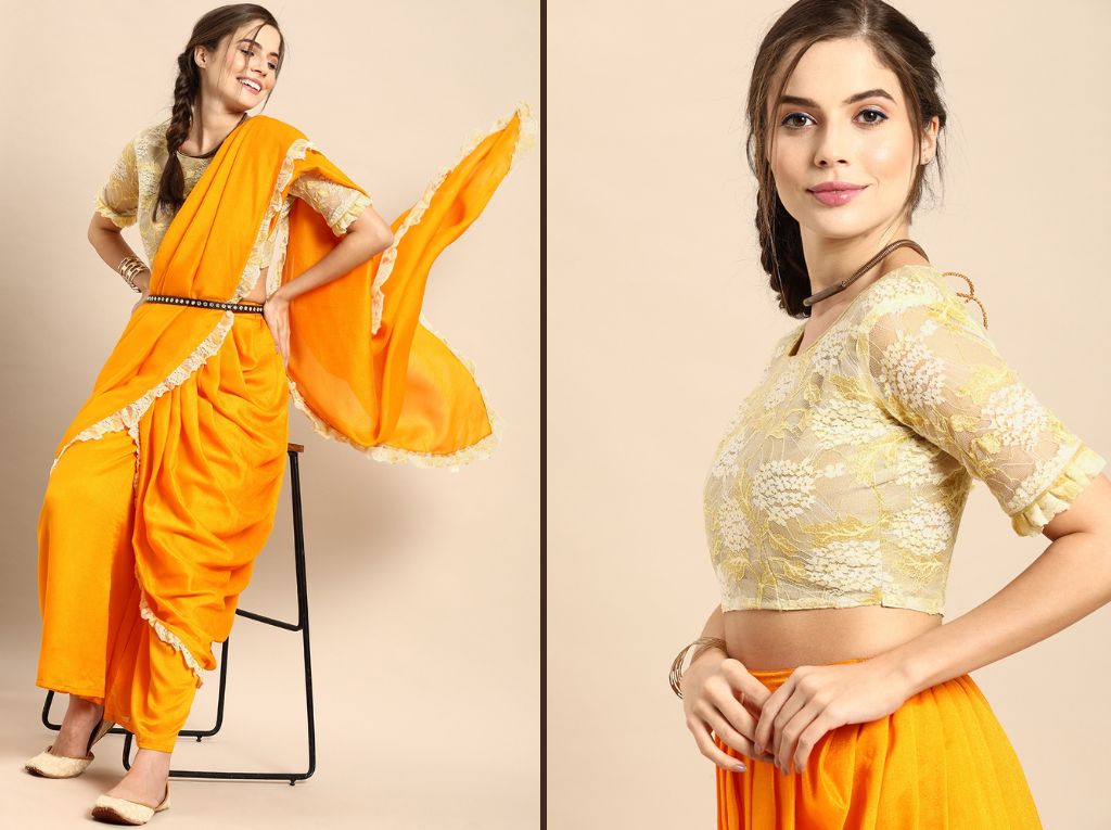 Mustard Pant Style Saree Design And Blouse