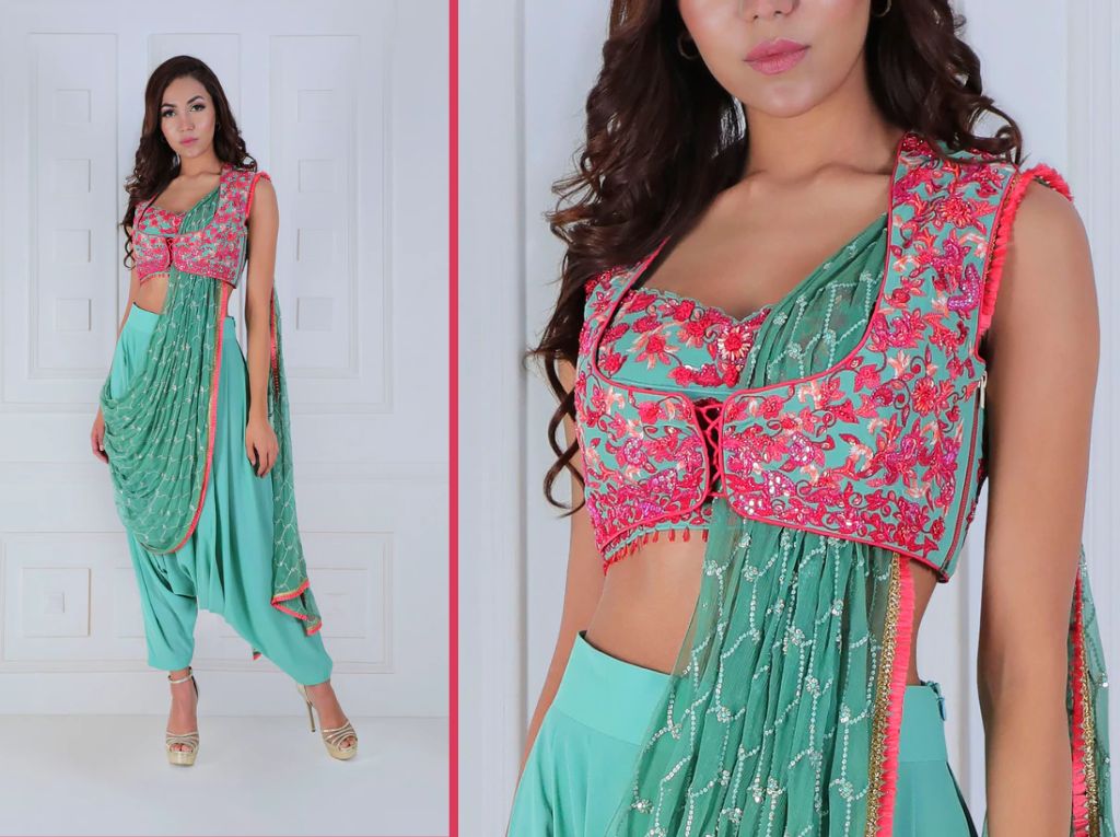 Pant Style Saree Design And Embroidered Blouse