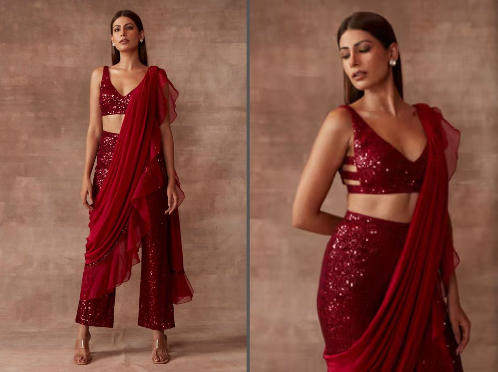Red Sequin Work Pant Style Saree Design And Blouse