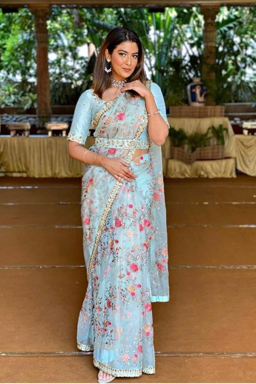 Sky Blue Belt Work Designer Organza Saree