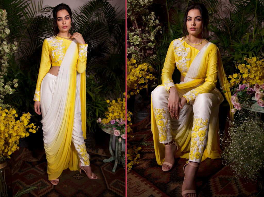 Yellow Pant Style Saree Design And Blouse