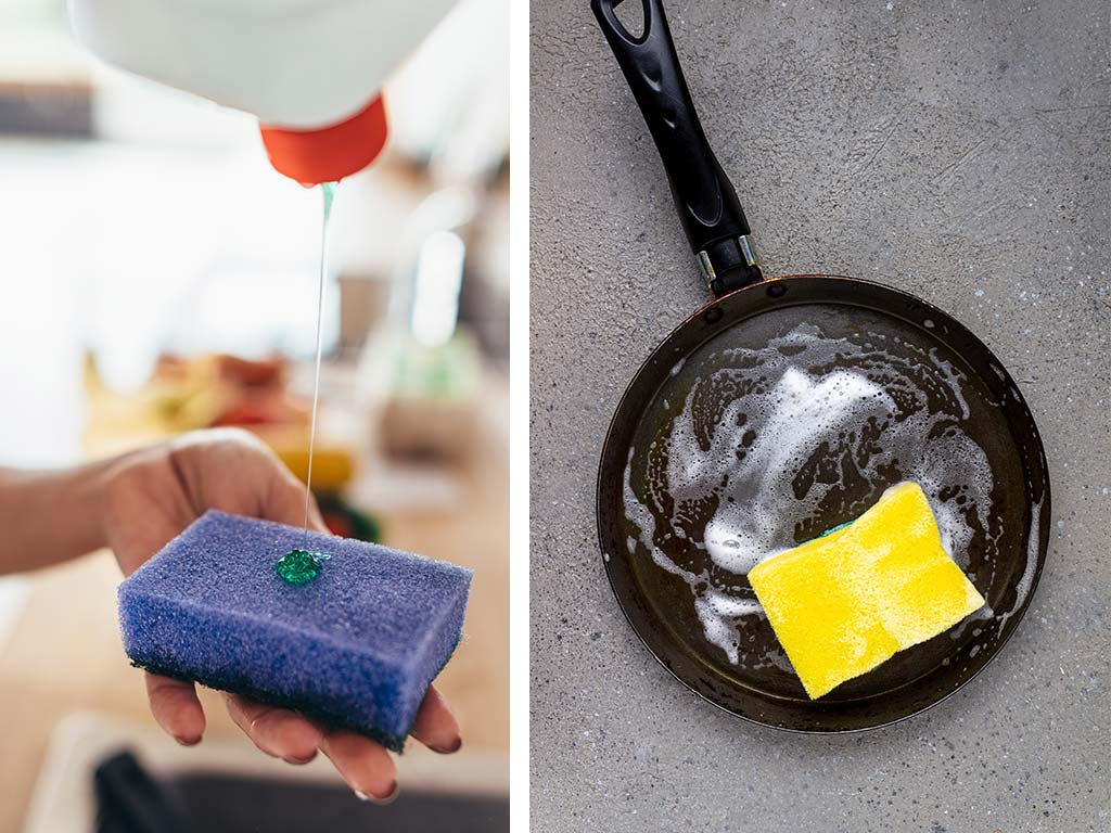 nonstick pan and sponge with liquid dishwash gel