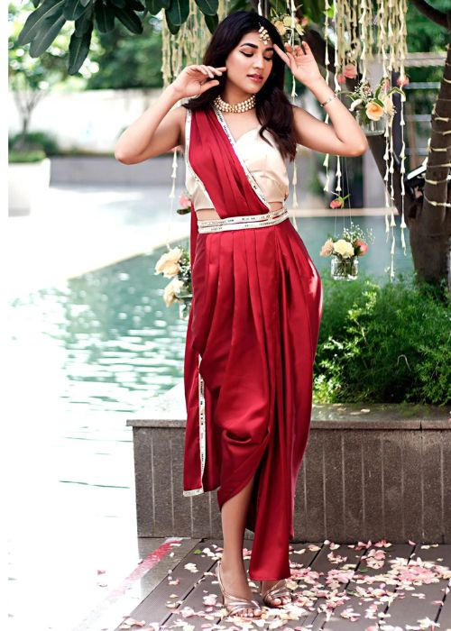 10 Mirror Work Red Saree Style Dress