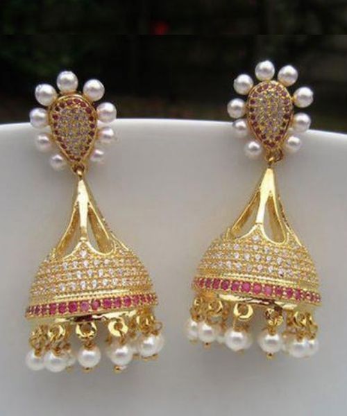 11 Pearl And Diamond Stud Gold Jhumka 