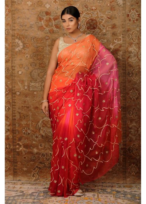 14 Pink And Orange Chiffon Saree