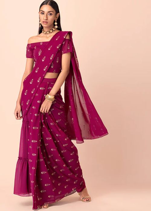 14 Wine Floral Saree Style Dress