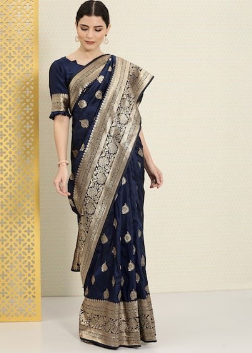 14. Silk Blend Navy Blue Saree