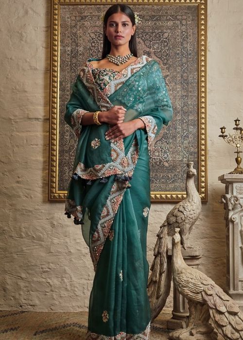 5 Embroidered Organza Silk Green Saree