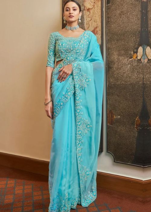 7 Organza Sky Blue Saree