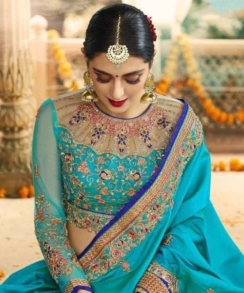 7. High Neck Sky Blue Net Blouse