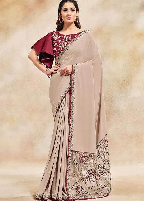 9 Beige Saree And Designer Blouse