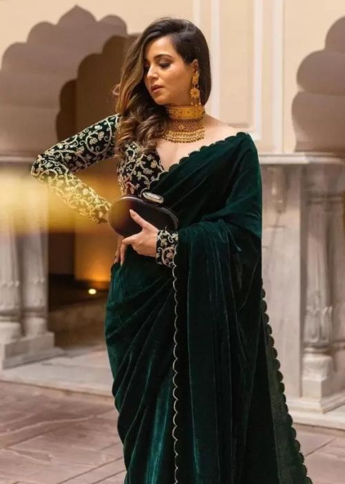 9 Dark Green Velvet Saree
