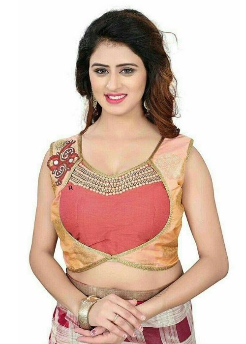 9 Golden And Peach Patch Work Blouse
