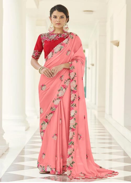  Peach Saree And Red Blouse