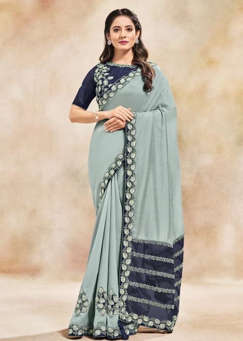  Powder Blue Saree With Designer Blouse