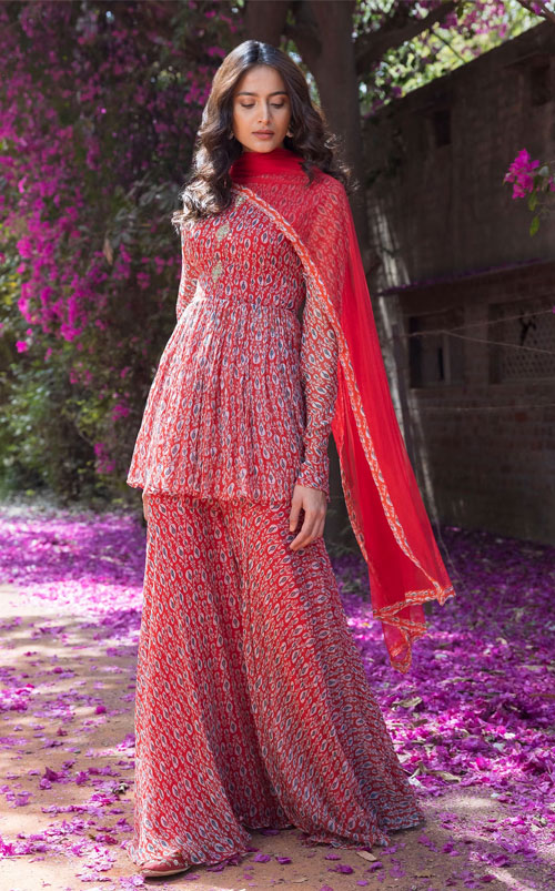 Red Peplum And Sharara Set