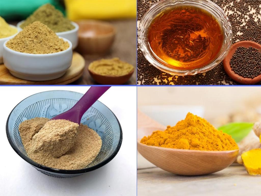 mehndi powder, methi powder, mustard oil and turmeric