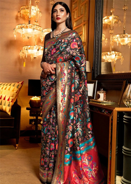 Black Banarasi Floral Saree