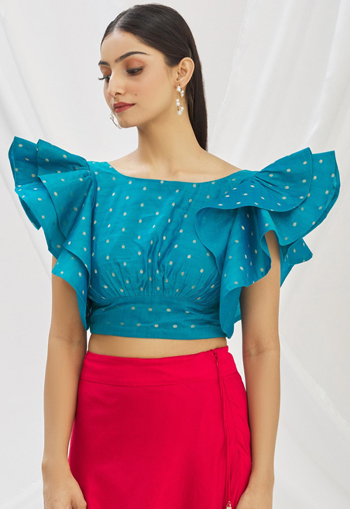 Blue Blouse For Red Silk Saree