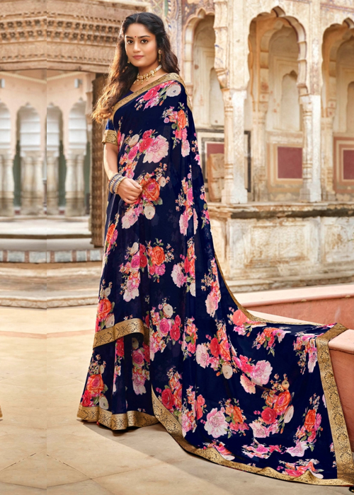 Blue Floral Print Saree