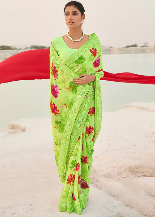 Green Floral Printed Saree