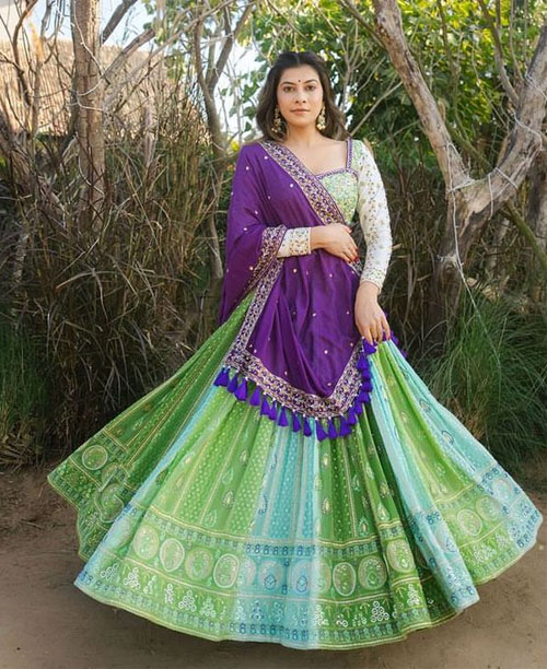 Green Silk Lehenga With Purple Dupatta