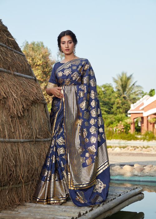  Navy Blue Foil Print Saree