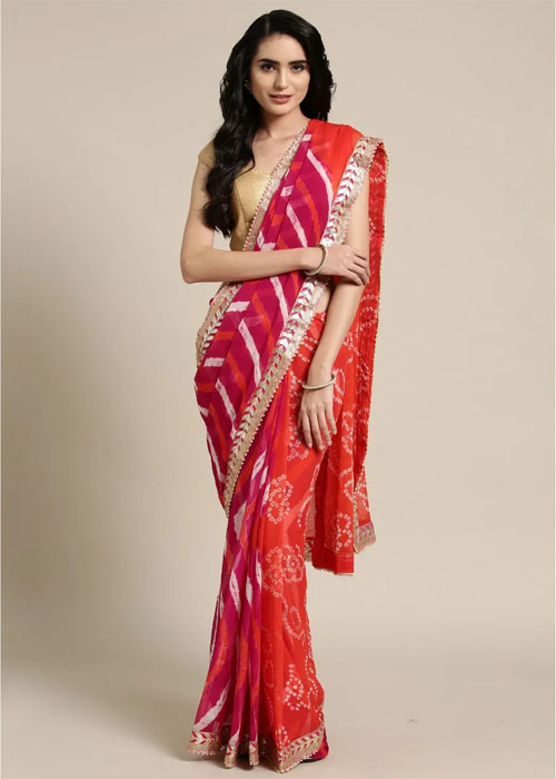 Orange Lehariya Hand Dyed Saree