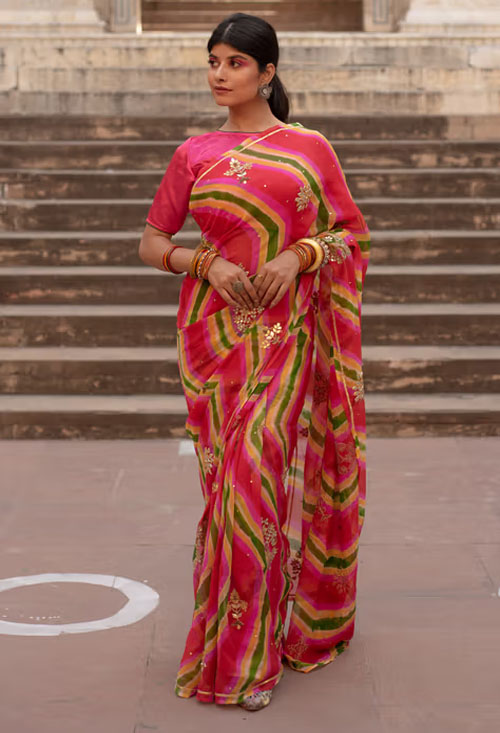 Pink And Green Lehariya Saree