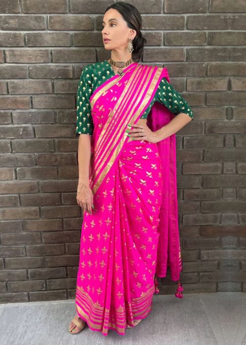  Pink Gold Foil Print Saree