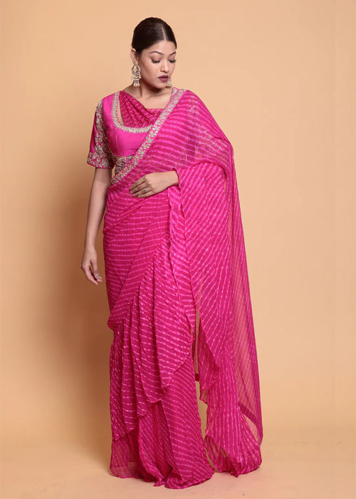 Pink Ruffle Lehariya Saree