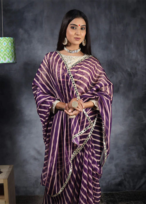 Purple And Beige Leheriya Saree