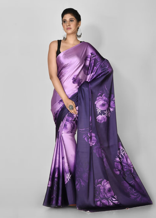 Purple Satin Floral Saree