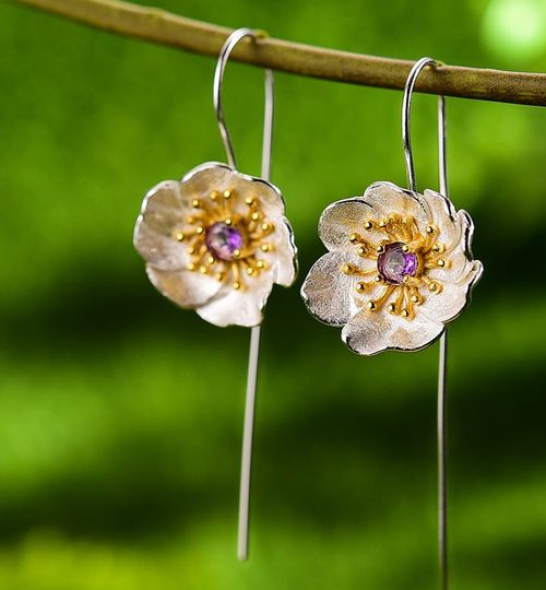 Purple Stone Silver Sui Dhaga Earrings